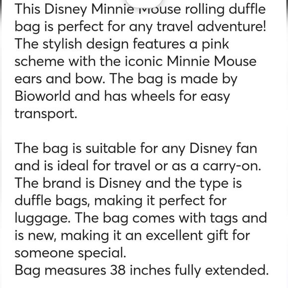 Disney Minnie Mouse Bow Logo Polka-Dot Rolling Duffel Bag - Picture 7 of 7